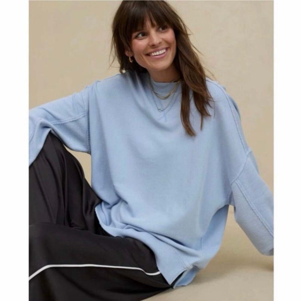 Aerie Distressed Lightweight Crewneck Sweatshirt Blue Oversized Women’s XS